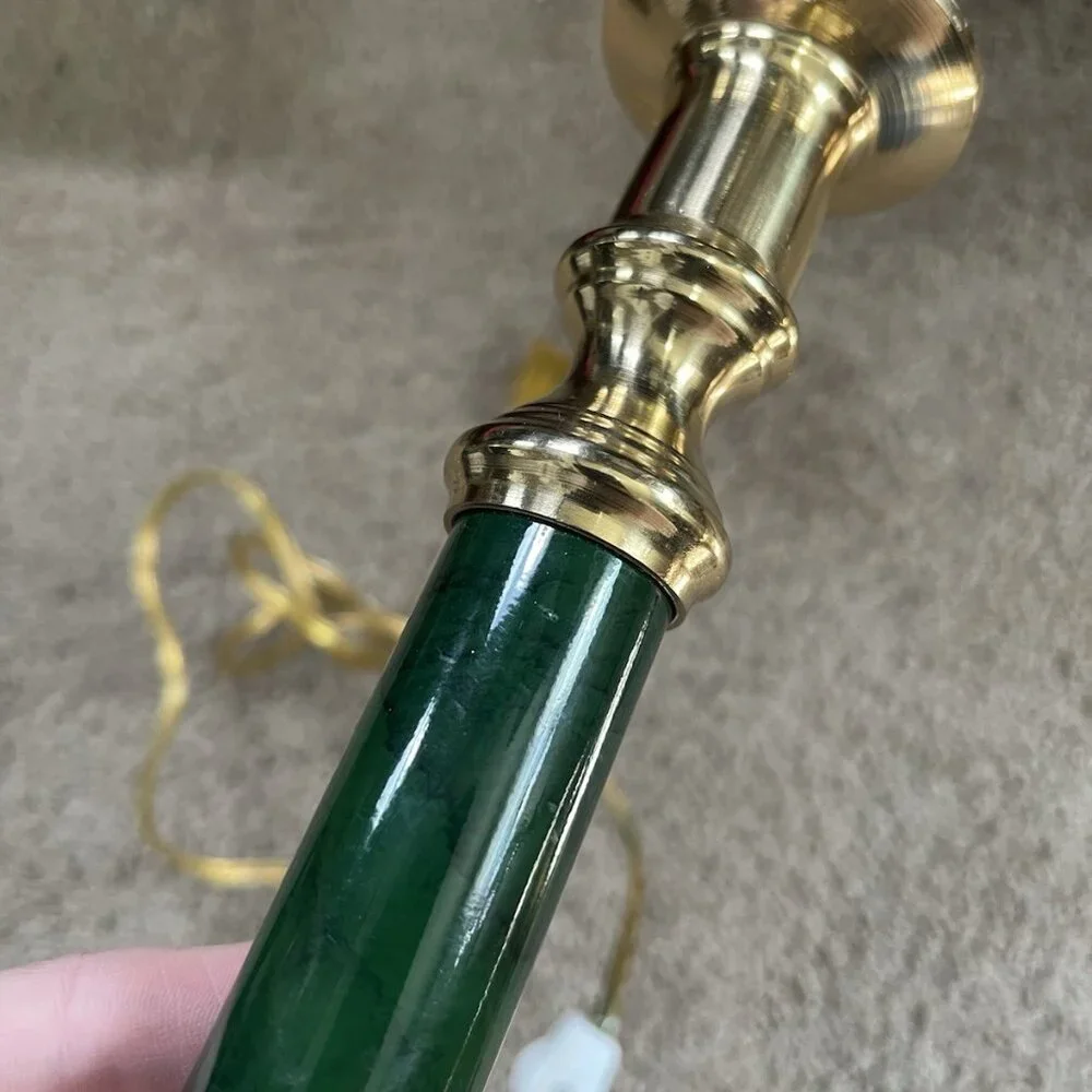 Vintage MCM Brass & Green Faux Marble Candlestick Portable Lamp Taiwan 70s
